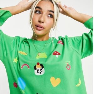 ASOS Native Youth‎ Oversized Green Sweatshirt Fox Panda Embroidery Adult Small